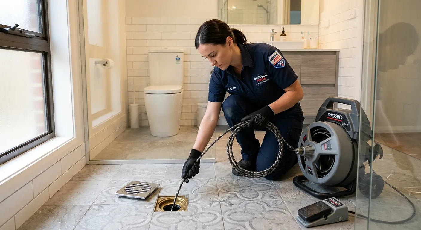 Technician clearing a bathroom floor drain for Drain Cleaning in Southampton